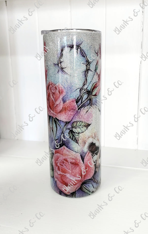 Custom Tumbler - Silver skull/roses